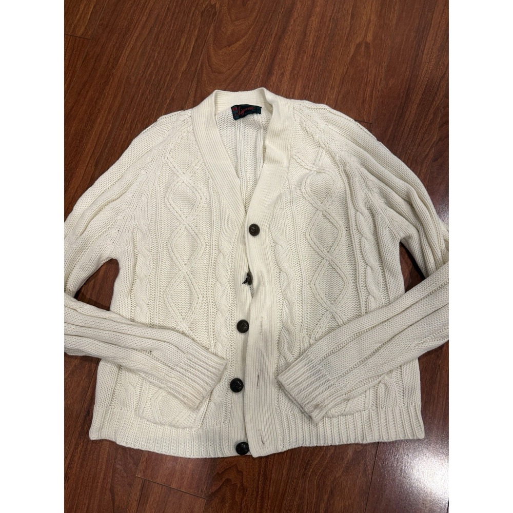 Sigallo Vintage 70s Ivory Cable Knit Cardigan Sweater Mens XL Acrylic